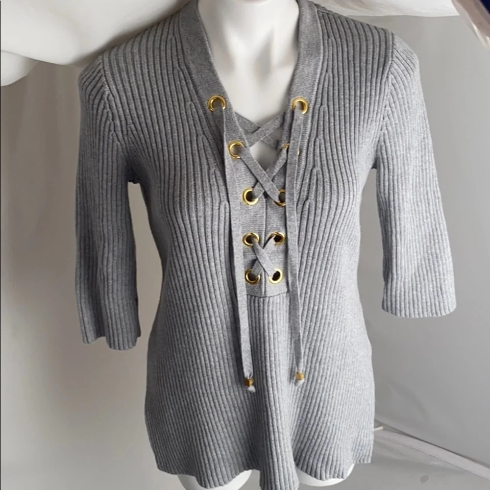 Michael Kors gray lace up ribbed three quarter sleeve sweater